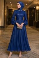Tesettür giyim LACİVERT YAKASI TAŞLI ABİYE ELBİSE T 6063