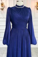 Tesettür giyim LACİVERT YAKASI TAŞLI ABİYE ELBİSE T 6063