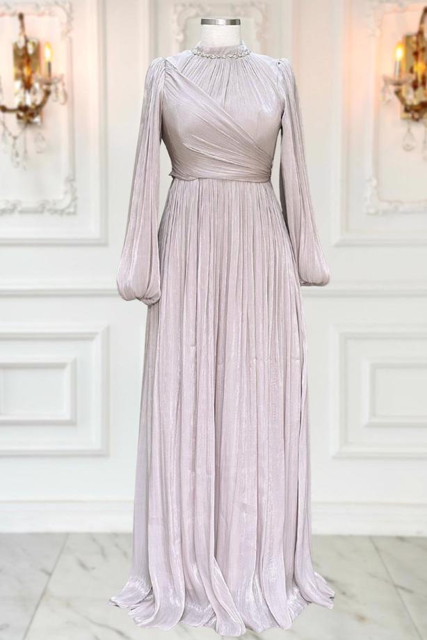 Tesettür giyim MOR YAKASI TAŞLI ABİYE ELBİSE T 6063 - TRENDTESETTÜR