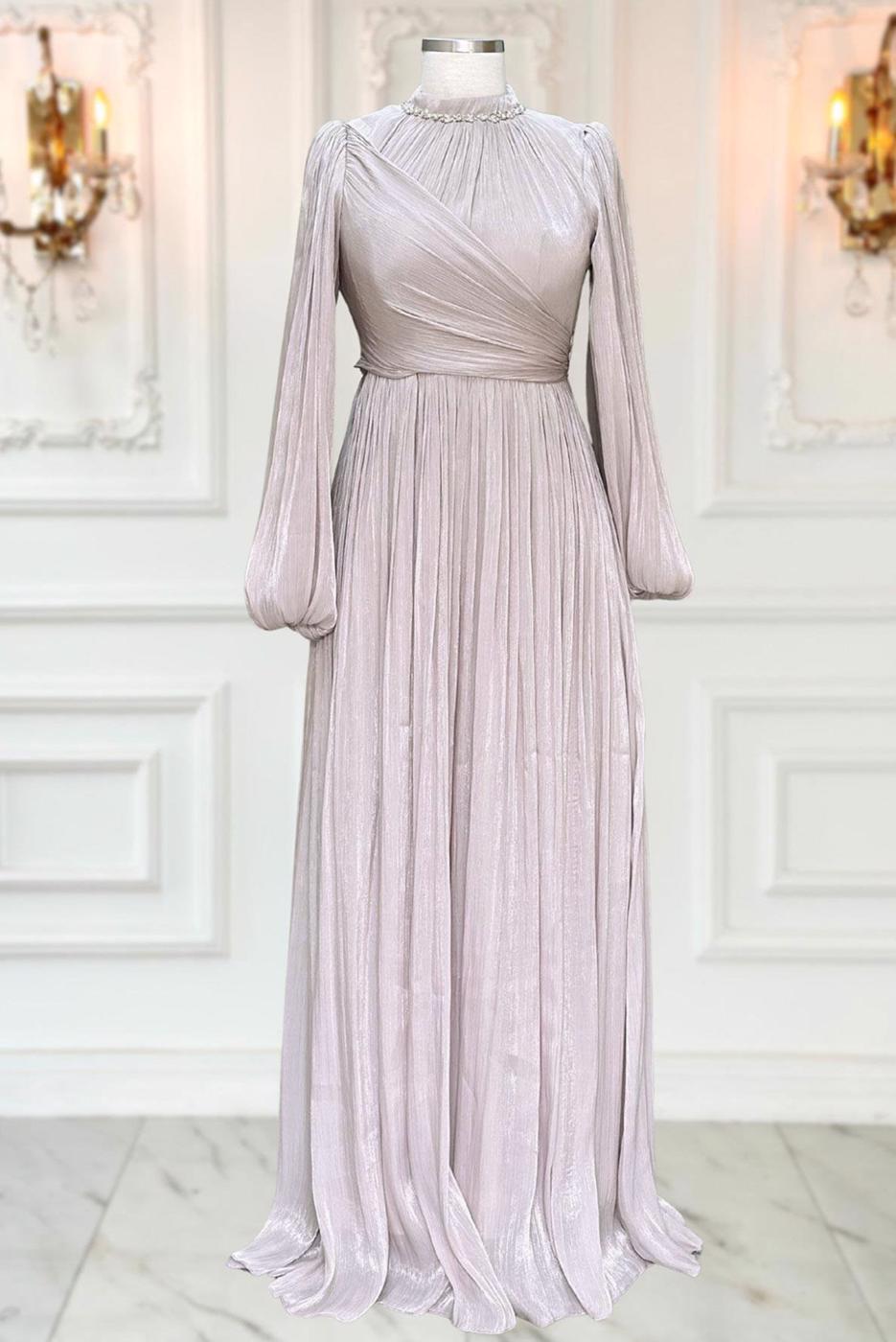 Tesettür giyim MOR YAKASI TAŞLI ABİYE ELBİSE T 6063