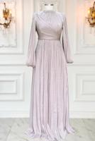 Tesettür giyim MOR YAKASI TAŞLI ABİYE ELBİSE T 6063