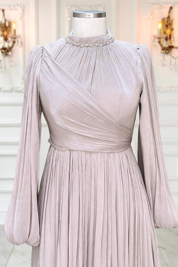 Tesettür giyim MOR YAKASI TAŞLI ABİYE ELBİSE T 6063 - TRENDTESETTÜR