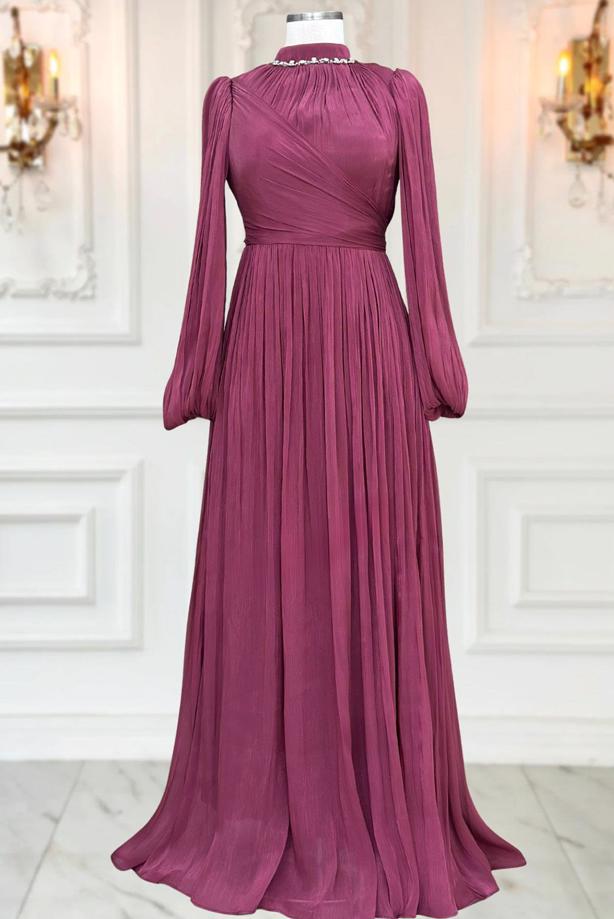 Tesettür giyim BORDO YAKASI TAŞLI ABİYE ELBİSE T 6063 - TRENDTESETTÜR