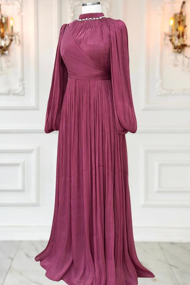 Tesettür giyim BORDO YAKASI TAŞLI ABİYE ELBİSE T 6063 - TRENDTESETTÜR