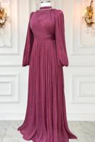 Tesettür giyim BORDO YAKASI TAŞLI ABİYE ELBİSE T 6063