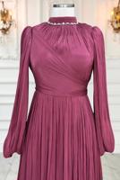 Tesettür giyim BORDO YAKASI TAŞLI ABİYE ELBİSE T 6063