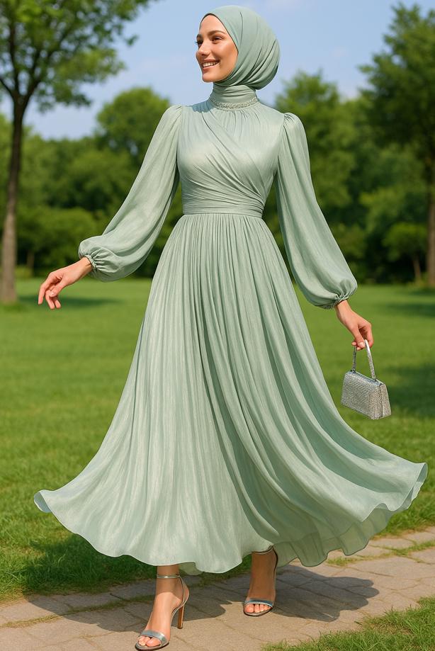 Vêtements hijab VERT ROBE DE SOIRÉE MODESTE T 6063 - TRENDTESETTÜR