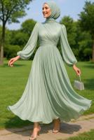 Tesettür giyim YEŞİL YAKASI TAŞLI ABİYE ELBİSE T 6063