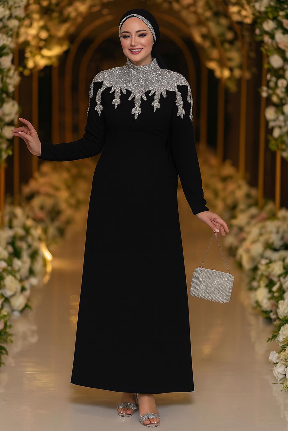 Tesettür giyim SİYAH TAŞLI ABİYE ELBİSE T 6193