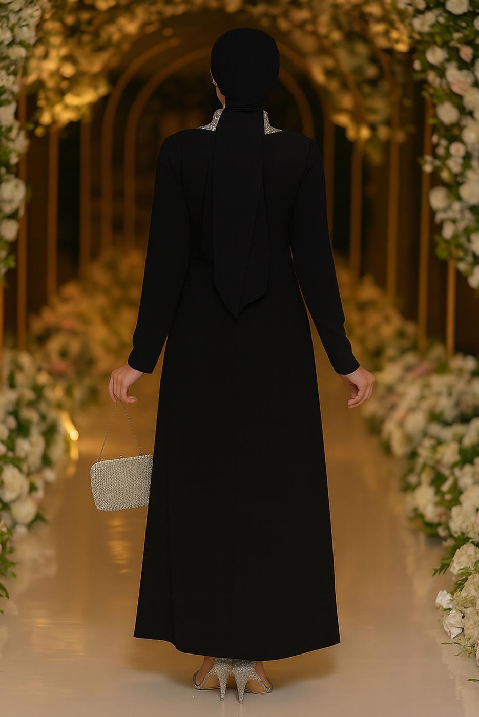 Tesettür giyim SİYAH TAŞLI ABİYE ELBİSE T 6193