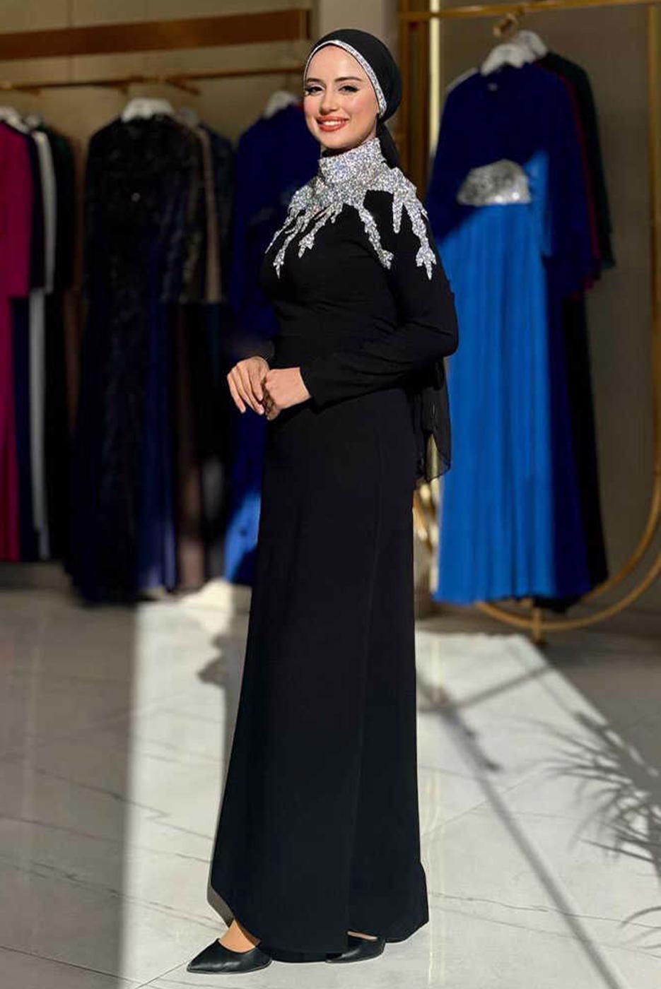 Tesettür giyim SİYAH TAŞLI ABİYE ELBİSE T 6193