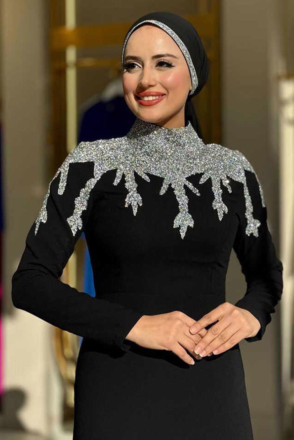 Tesettür giyim SİYAH TAŞLI ABİYE ELBİSE T 6193