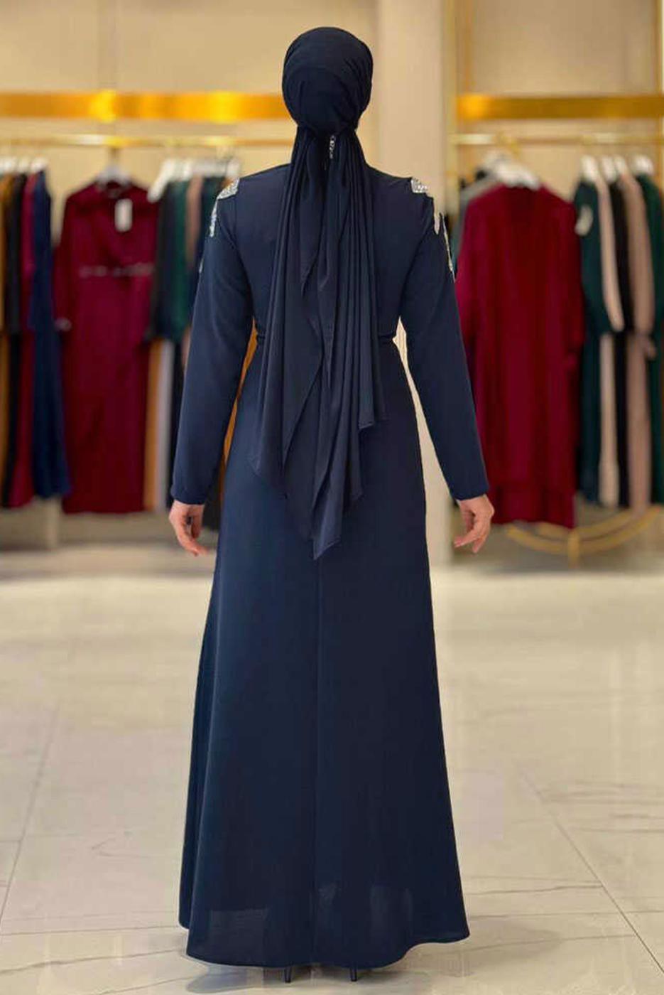 Tesettür giyim LACİVERT TAŞLI ABİYE ELBİSE T 6193