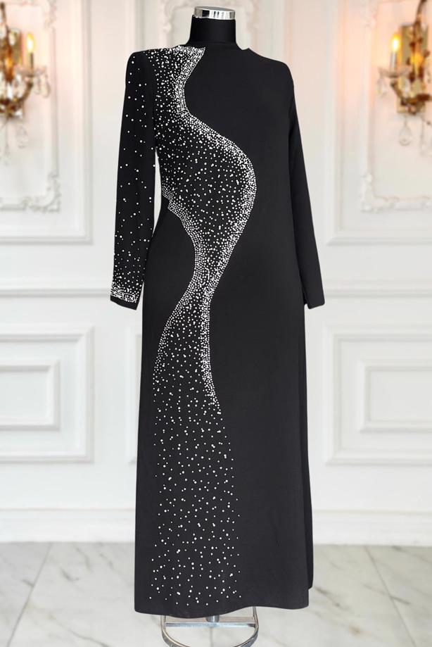 Vêtements hijab NOIR ROBE DE SOIRÉE À DÉTAILS DE PERLES T 7063 - TRENDTESETTÜR