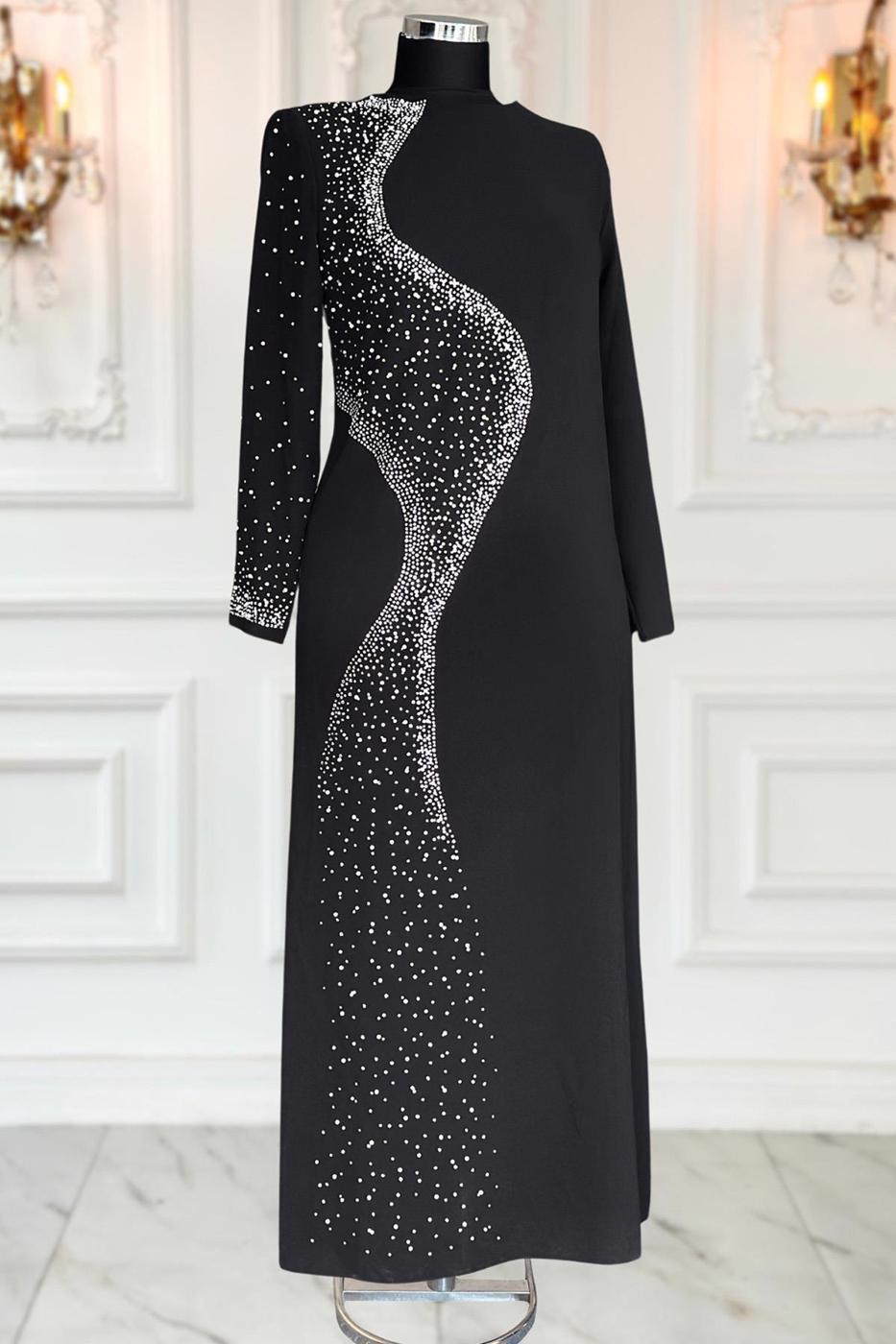 Vêtements hijab NOIR ROBE DE SOIRÉE À DÉTAILS DE PERLES T 7063