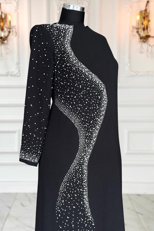 Vêtements hijab NOIR ROBE DE SOIRÉE À DÉTAILS DE PERLES T 7063 - TRENDTESETTÜR