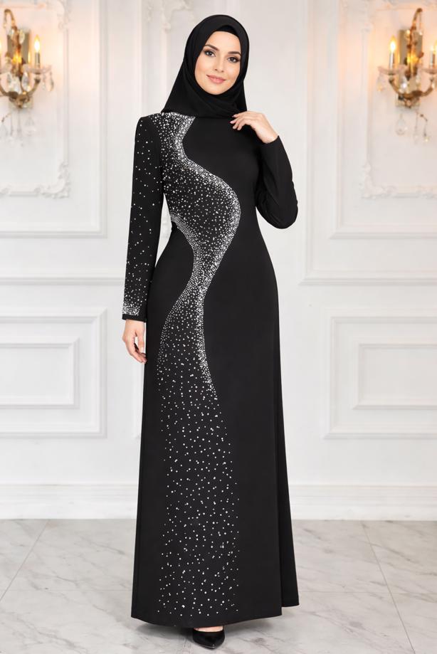 Vêtements hijab NOIR ROBE DE SOIRÉE À DÉTAILS DE PERLES T 7063 - TRENDTESETTÜR