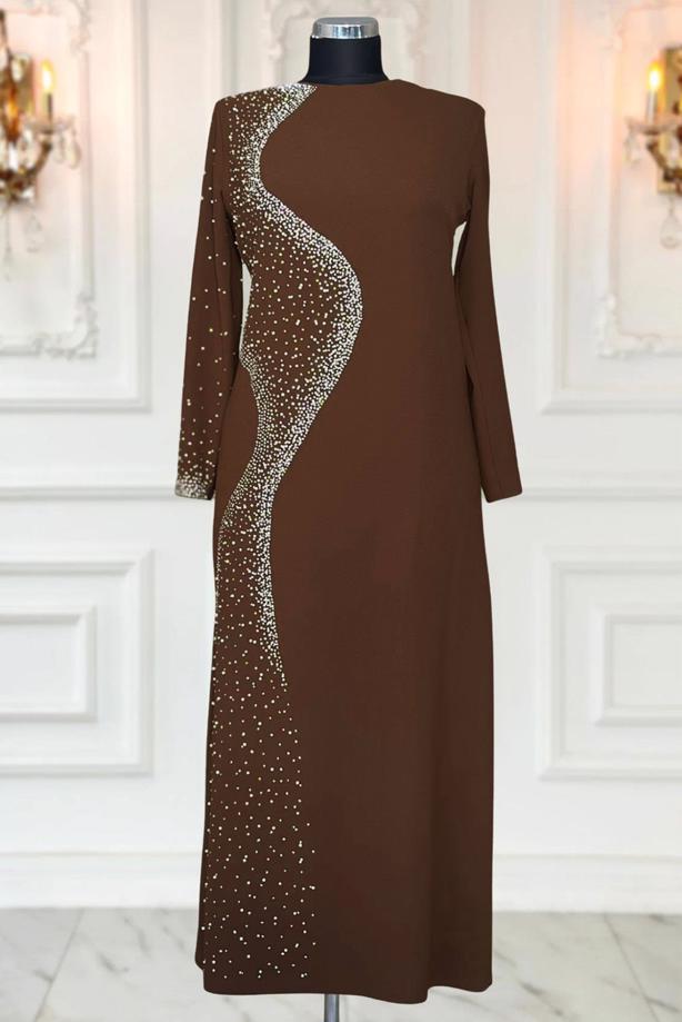 Tesettür giyim  İNCİ DETAYLI ABİYE ELBİSE T 7063