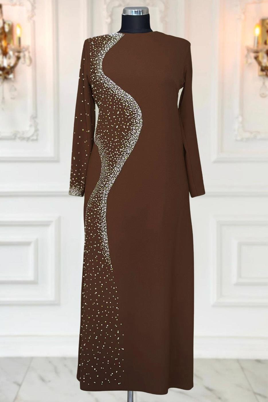 Tesettür giyim KAHVE İNCİ DETAYLI ABİYE ELBİSE T 7063