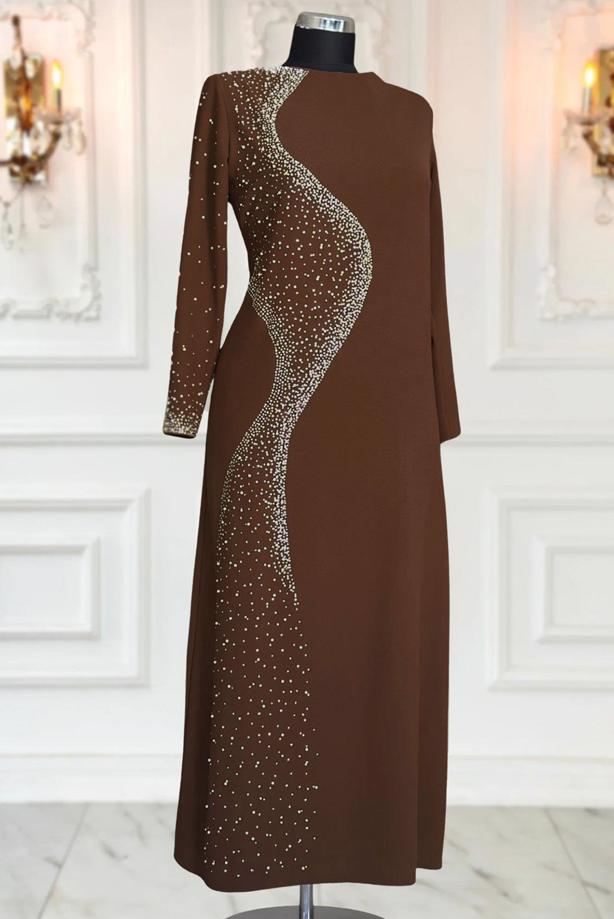 Hijab clothing BROWN PEARL DETAILED EVENING DRESS T 7063 - TRENDTESETTÜR