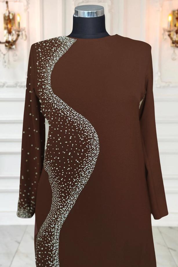 Hijab clothing BROWN PEARL DETAILED EVENING DRESS T 7063 - TRENDTESETTÜR