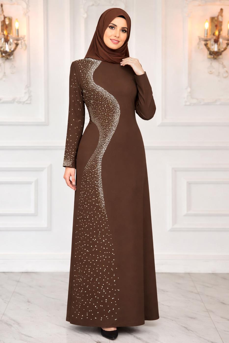 Hijab clothing BROWN PEARL DETAILED EVENING DRESS T 7063