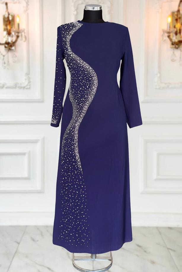 Vêtements hijab BLEU MARINE ROBE DE SOIRÉE À DÉTAILS DE PERLES T 7063 - TRENDTESETTÜR