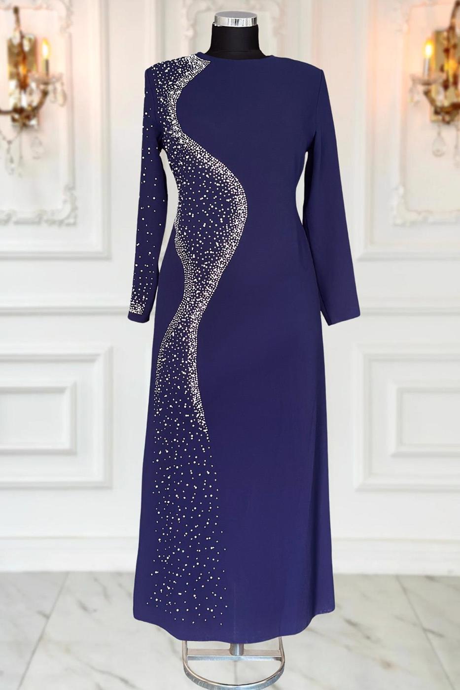 Vêtements hijab BLEU MARINE ROBE DE SOIRÉE À DÉTAILS DE PERLES T 7063