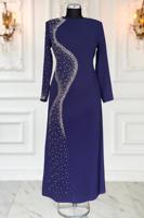 Vêtements hijab BLEU MARINE ROBE DE SOIRÉE À DÉTAILS DE PERLES T 7063