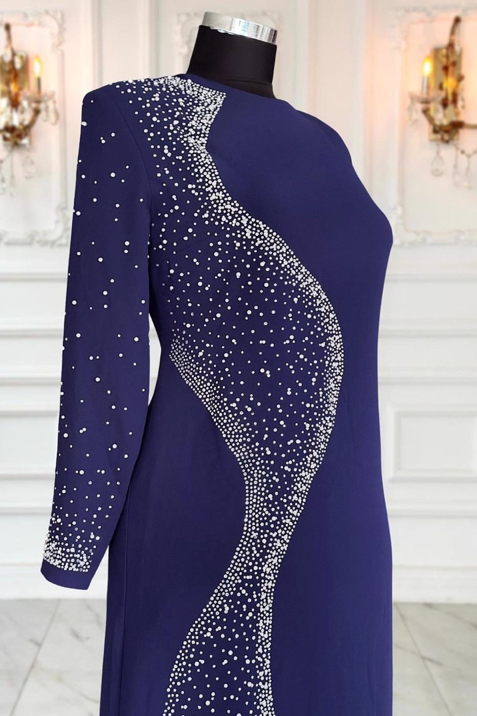 Vêtements hijab BLEU MARINE ROBE DE SOIRÉE À DÉTAILS DE PERLES T 7063