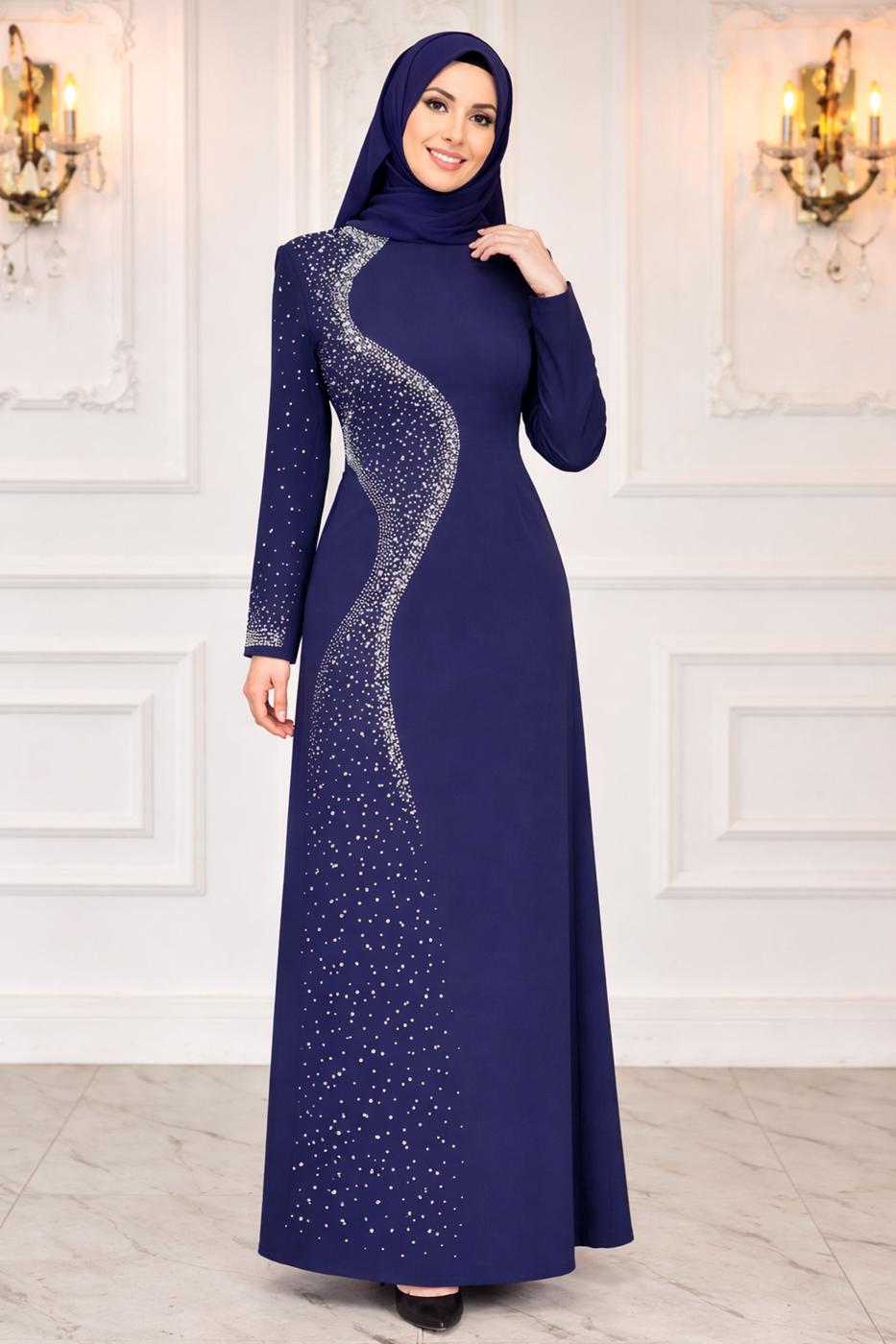 Hijab clothing NAVY BLUE PEARL DETAILED EVENING DRESS T 7063