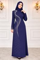 Hijab clothing NAVY BLUE PEARL DETAILED EVENING DRESS T 7063
