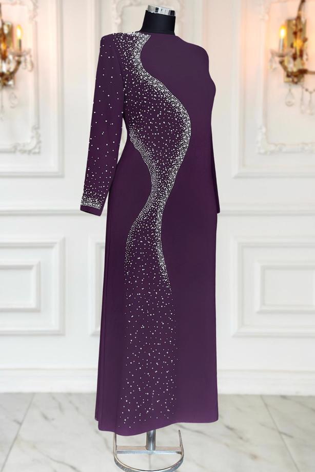 Vêtements hijab PRUNE ROBE DE SOIRÉE À DÉTAILS DE PERLES T 7063 - TRENDTESETTÜR