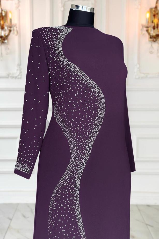Vêtements hijab PRUNE ROBE DE SOIRÉE À DÉTAILS DE PERLES T 7063 - TRENDTESETTÜR