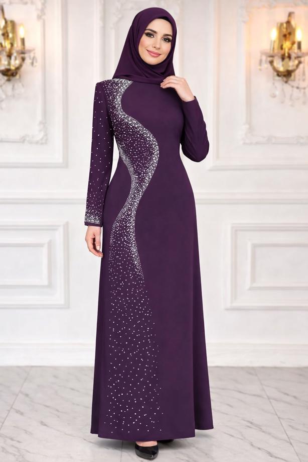 Vêtements hijab PRUNE ROBE DE SOIRÉE À DÉTAILS DE PERLES T 7063 - TRENDTESETTÜR