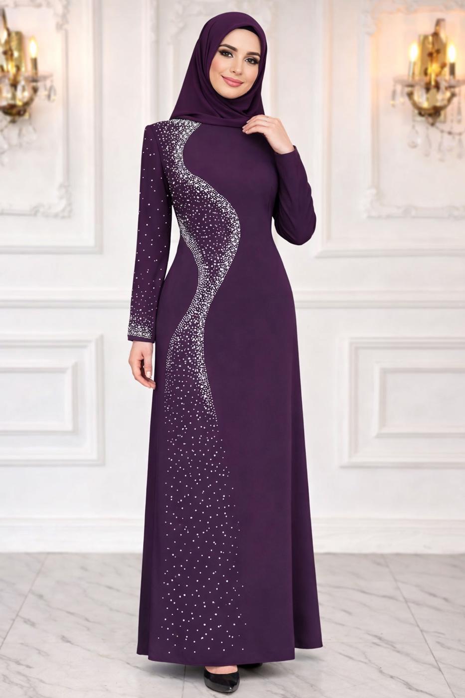 Hijab clothing PLUM PEARL DETAILED EVENING DRESS T 7063