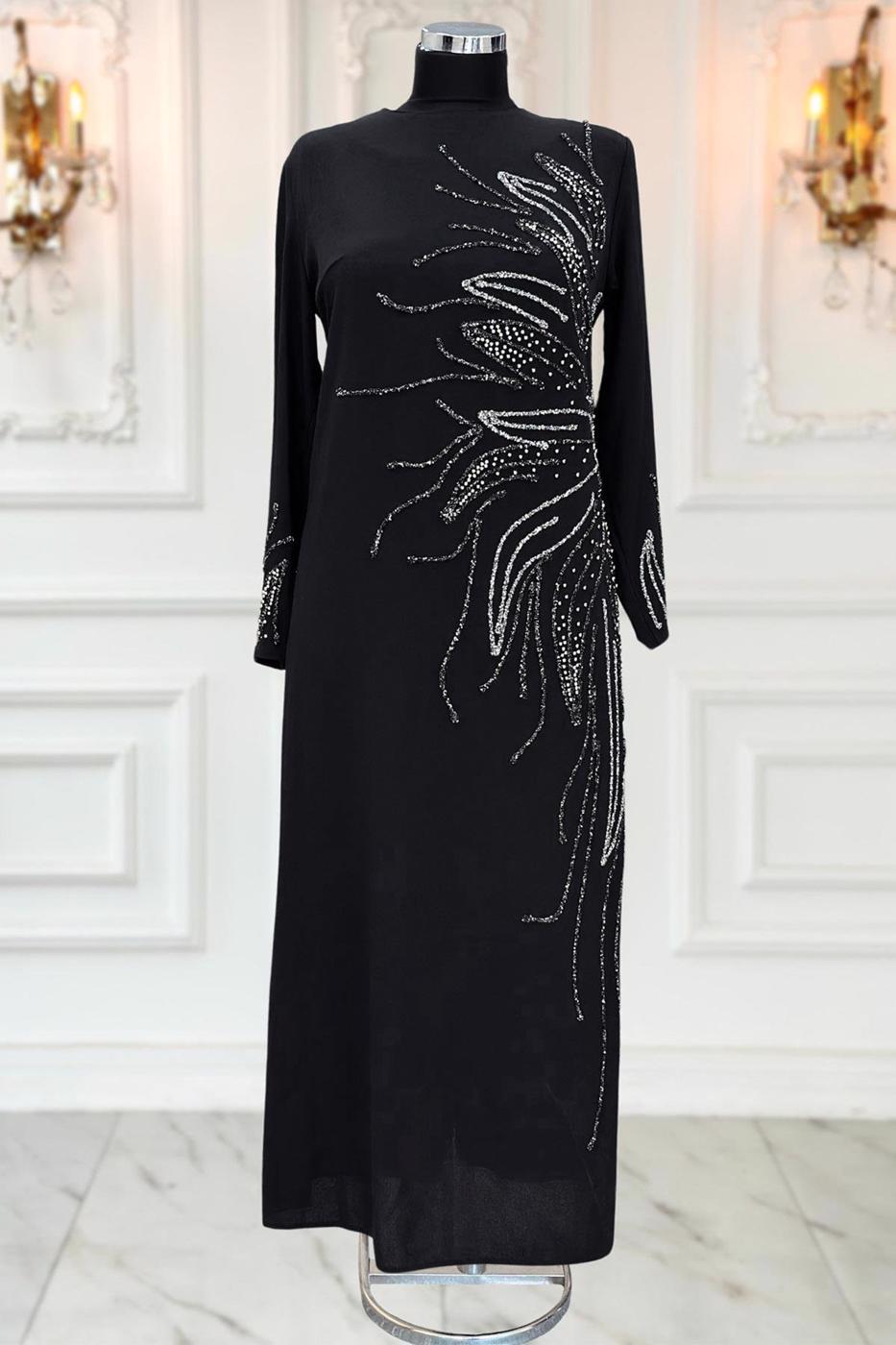 Vêtements hijab NOIR ROBE DE SOIRÉE AVEC BIJOU T 8063