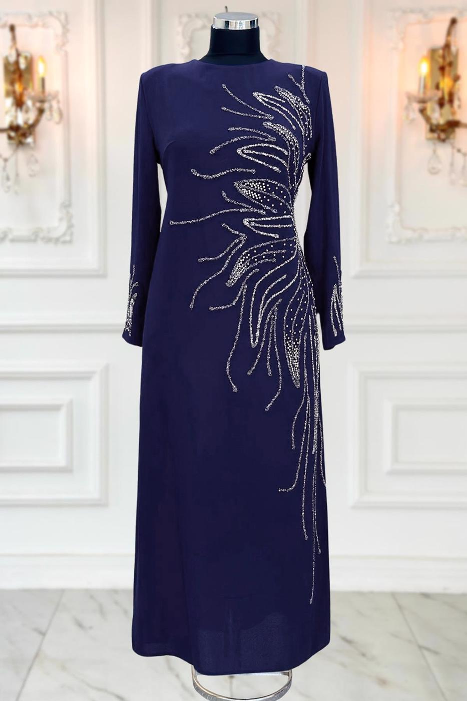 Vêtements hijab BLEU MARINE ROBE DE SOIRÉE AVEC BIJOU T 8063