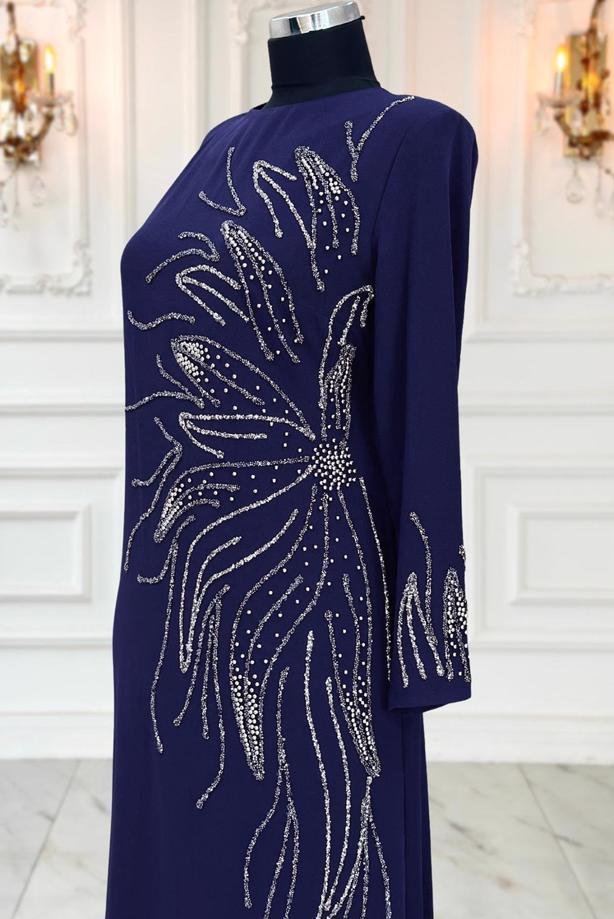 Vêtements hijab BLEU MARINE ROBE DE SOIRÉE AVEC BIJOU T 8063 - TRENDTESETTÜR