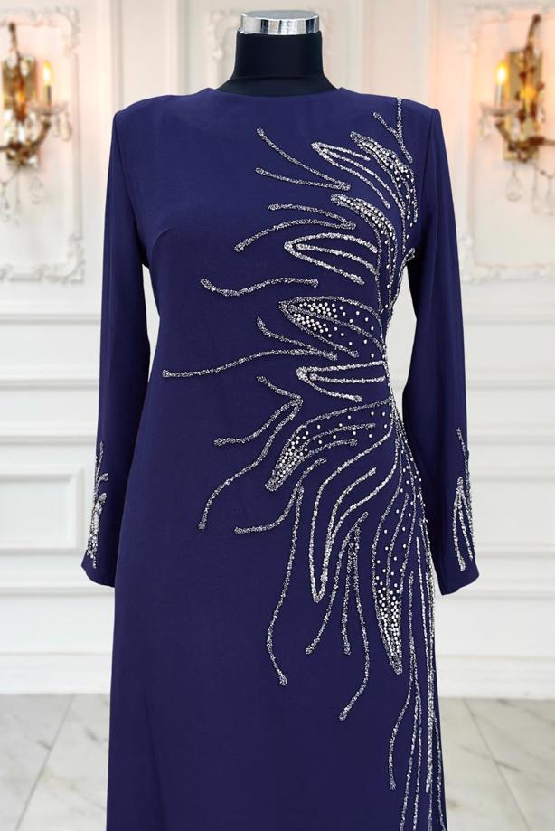 Vêtements hijab BLEU MARINE ROBE DE SOIRÉE AVEC BIJOU T 8063 - TRENDTESETTÜR