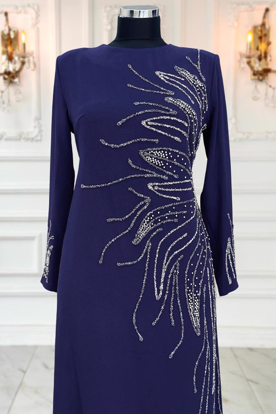 Vêtements hijab BLEU MARINE ROBE DE SOIRÉE AVEC BIJOU T 8063