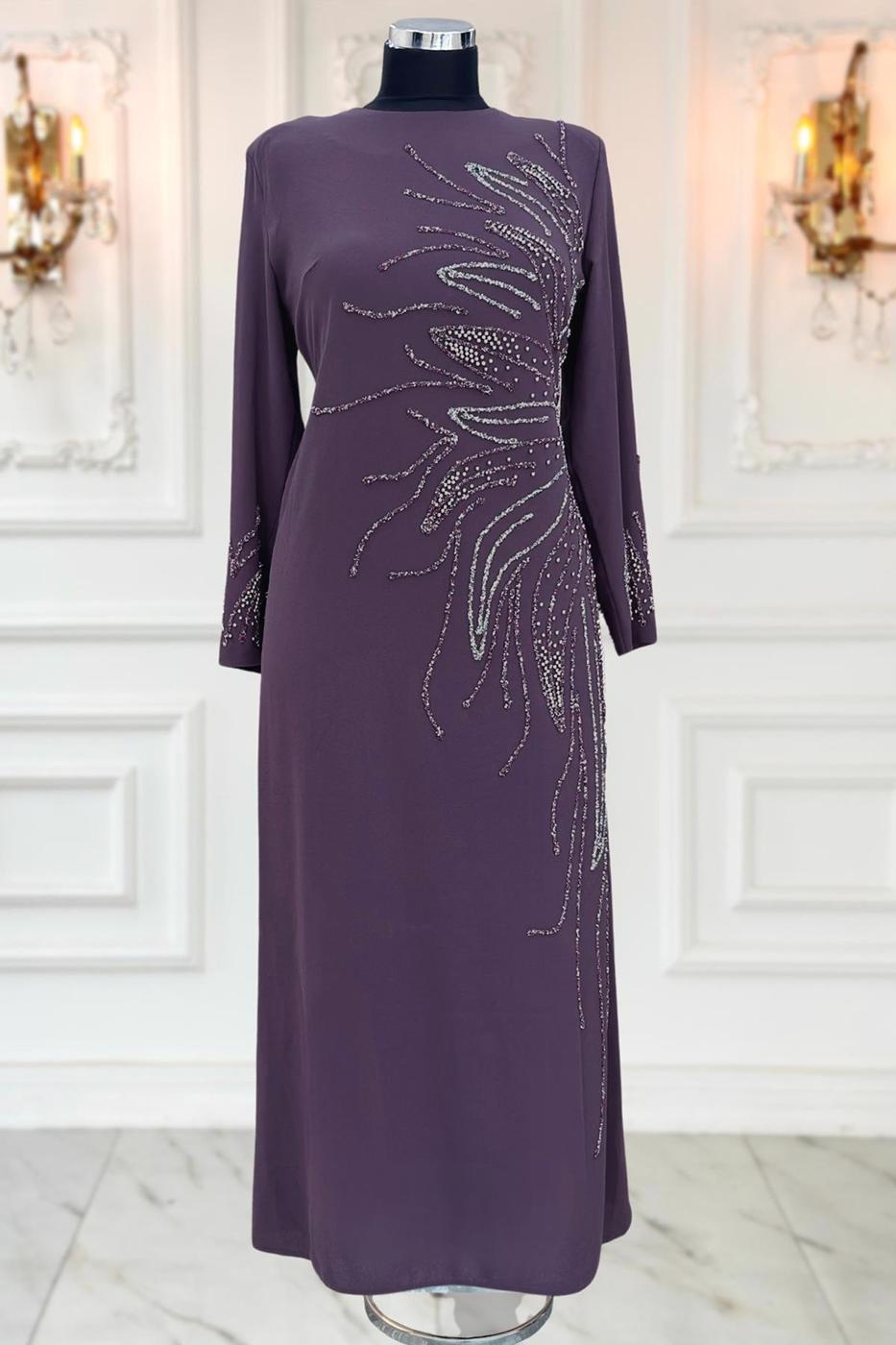 Vêtements hijab POURPRE ROBE DE SOIRÉE AVEC BIJOU T 8063