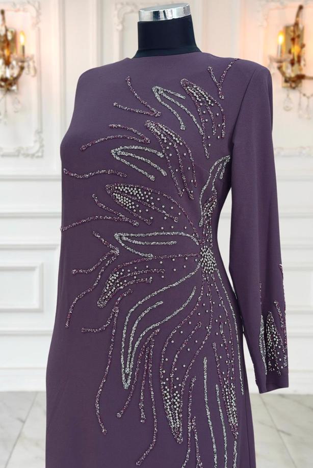 Vêtements hijab POURPRE ROBE DE SOIRÉE AVEC BIJOU T 8063 - TRENDTESETTÜR
