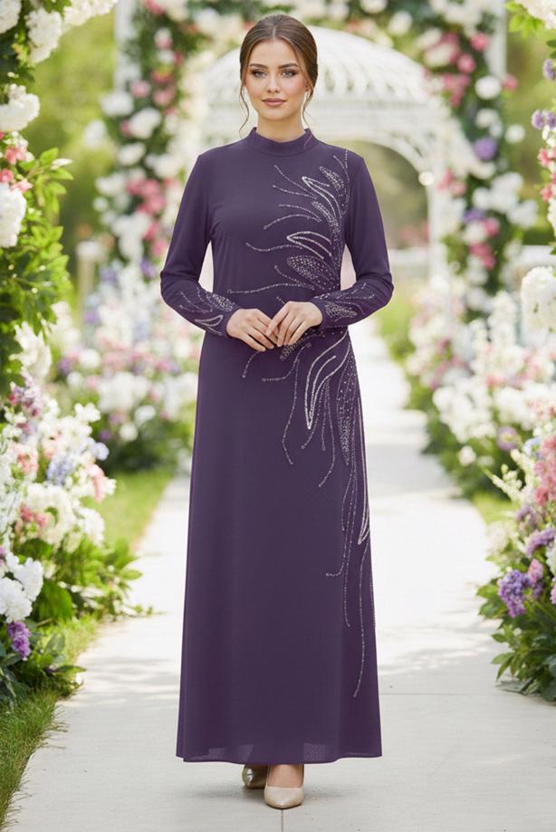 Hijab clothing PURPLE EVENING DRESS WITH GEM T 8063 - TRENDTESETTÜR