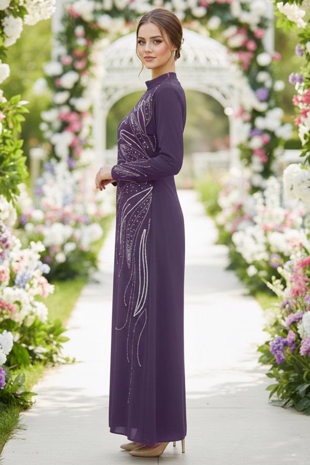 Hijab clothing PURPLE EVENING DRESS WITH GEM T 8063 - TRENDTESETTÜR
