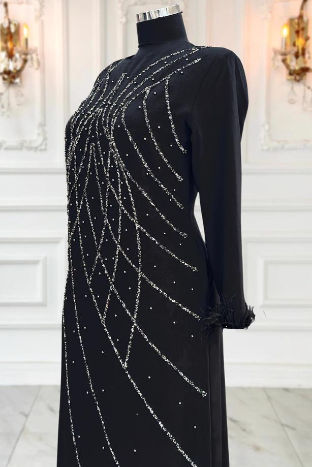 Vêtements hijab NOIR ROBE DE SOIRÉE À PERLES T 8953 - TRENDTESETTÜR