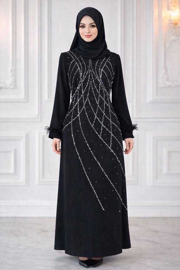 Vêtements hijab NOIR ROBE DE SOIRÉE À PERLES T 8953 - TRENDTESETTÜR