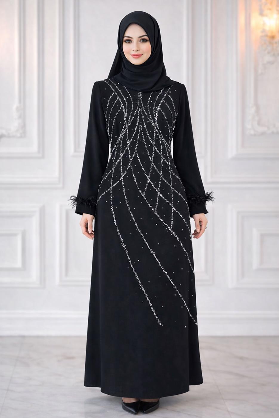 Hijab clothing BLACK BEADED EVENING DRESS T 8953