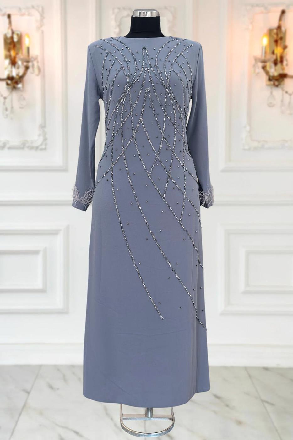 Vêtements hijab GRIS ROBE DE SOIRÉE À PERLES T 8953