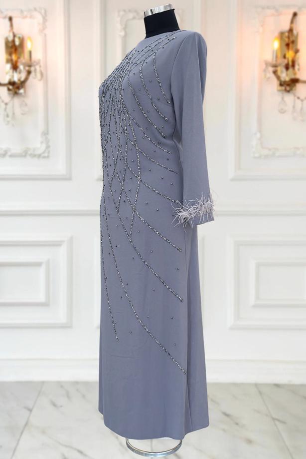 Vêtements hijab GRIS ROBE DE SOIRÉE À PERLES T 8953 - TRENDTESETTÜR